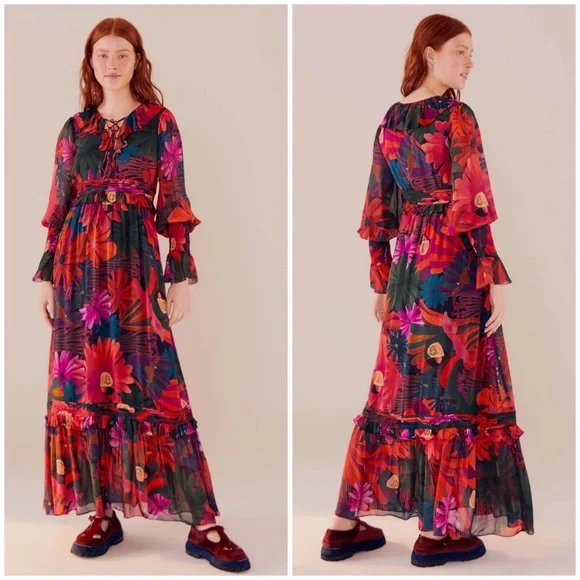 FARM Rio | Dresses | Farm Rio Bird Flowers Long Sleeve Maxi Dress Nwt |  Poshmark